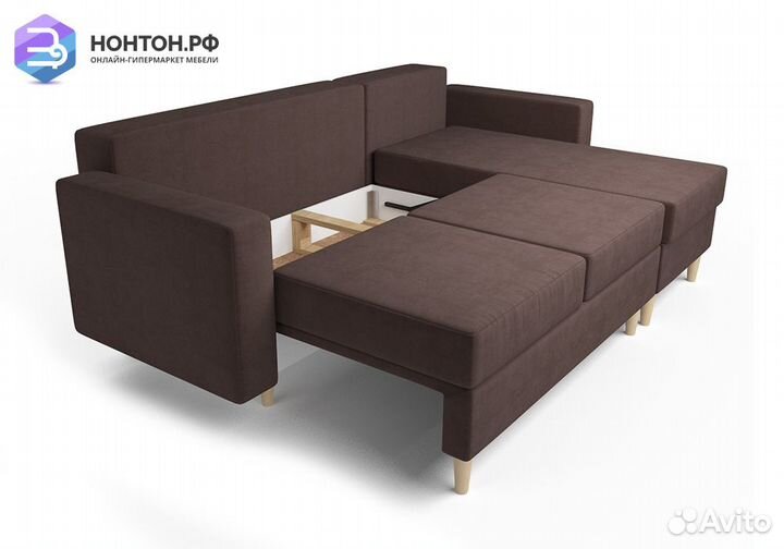 Угловой диван тик-так Белфаст велюр коричневый