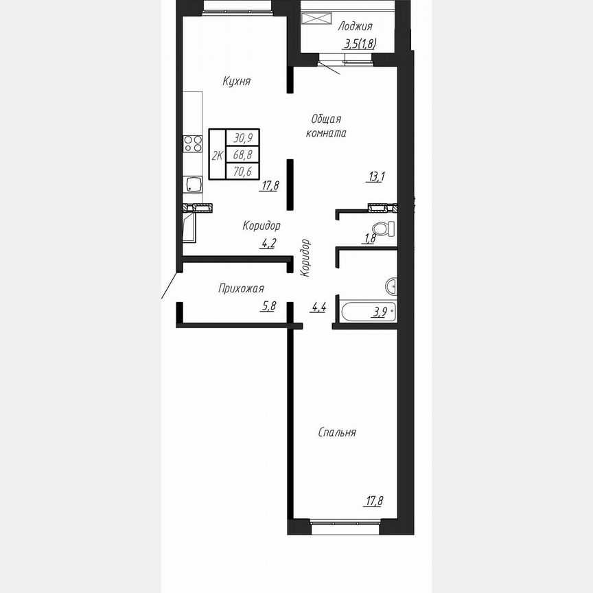 2-к. квартира, 70,6 м², 3/17 эт.