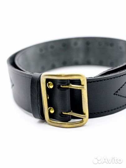 Ремень армейский кожаный, латунь, черный (130)