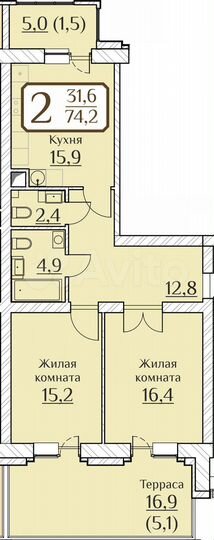 2-к. квартира, 74,2 м², 1/9 эт.