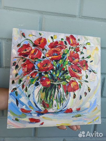 Маки картина маслом цветы в вазе холст 30х30 см