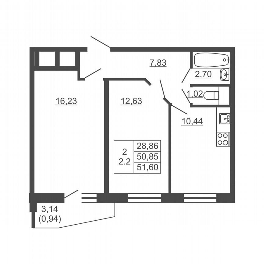 2-к. квартира, 51,6 м², 5/16 эт.