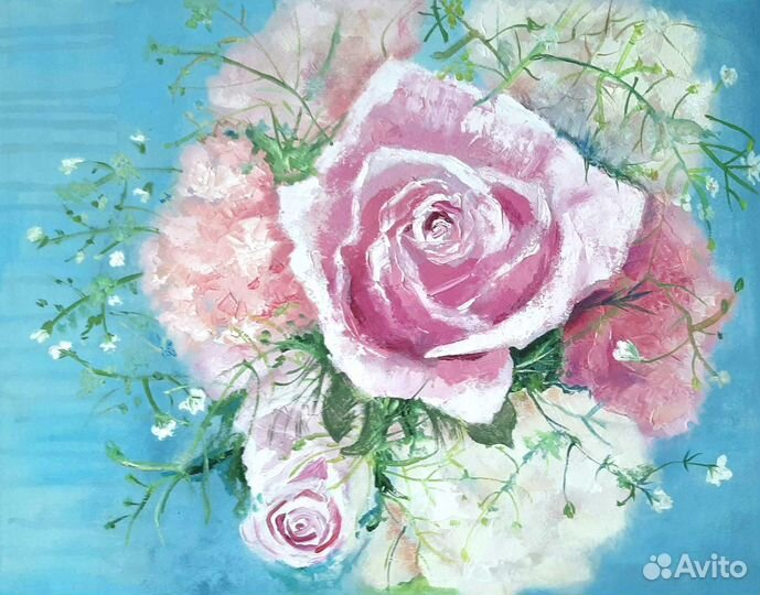 Картина маслом букет цветов с розой