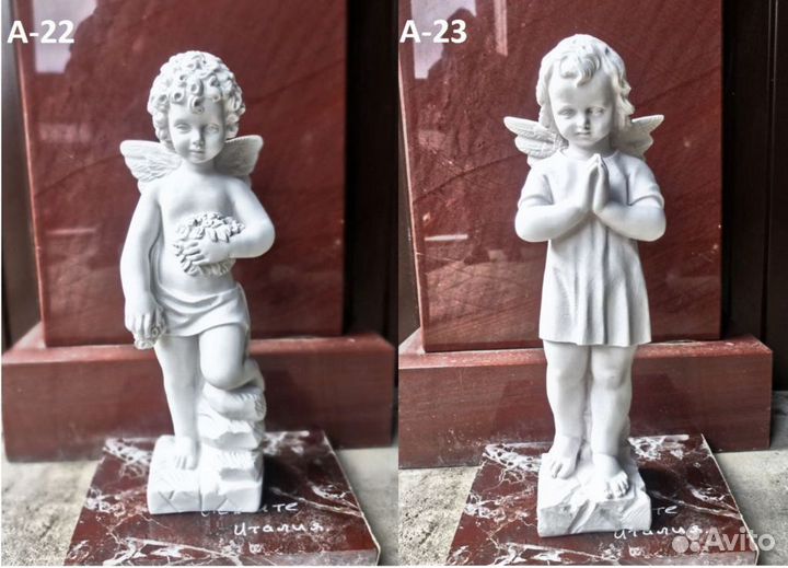 Мраморные фигурки ангелки, плачущих дев, голубей