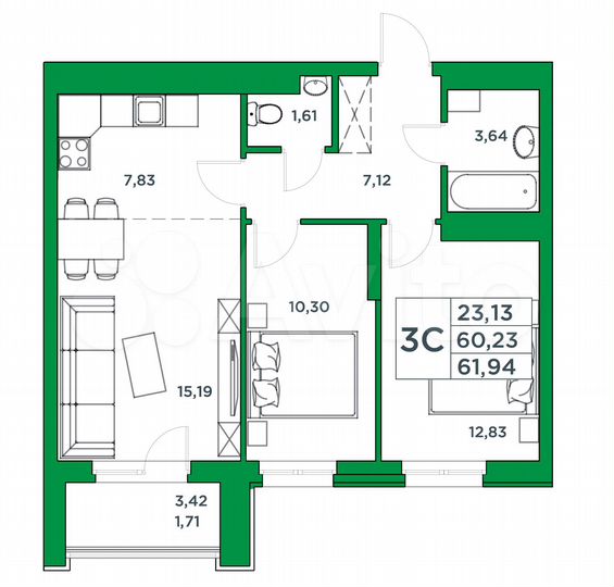 3-к. квартира, 61,9 м², 3/24 эт.