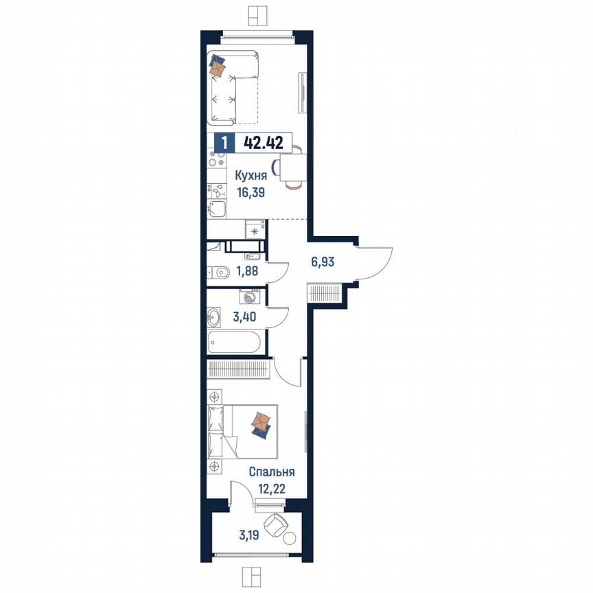 1-к. квартира, 42,4 м², 4/18 эт.