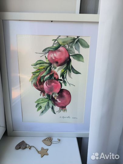 Картина акварелью гранаты на ветке