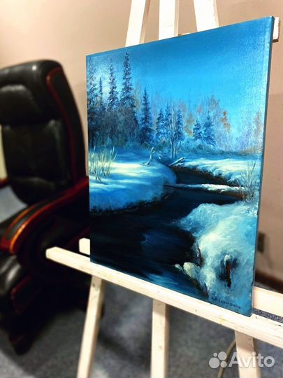 Картина маслом зимний пейзаж Зимняя река 40х50 см
