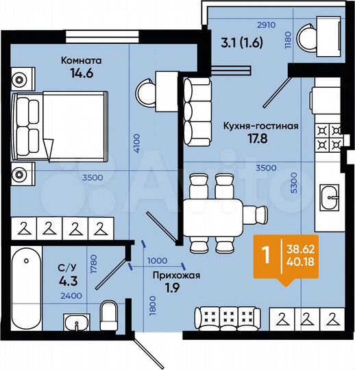 1-к. квартира, 40,2 м², 1/9 эт.