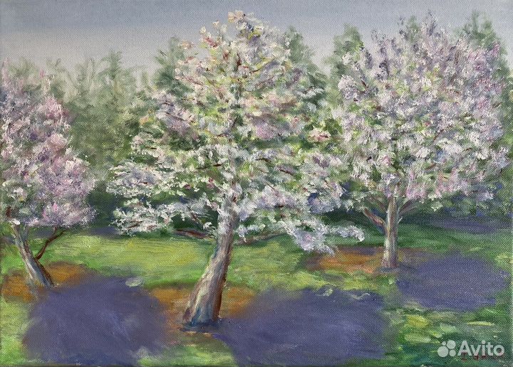 Картина с цветами деревья масло на холсте пейзаж