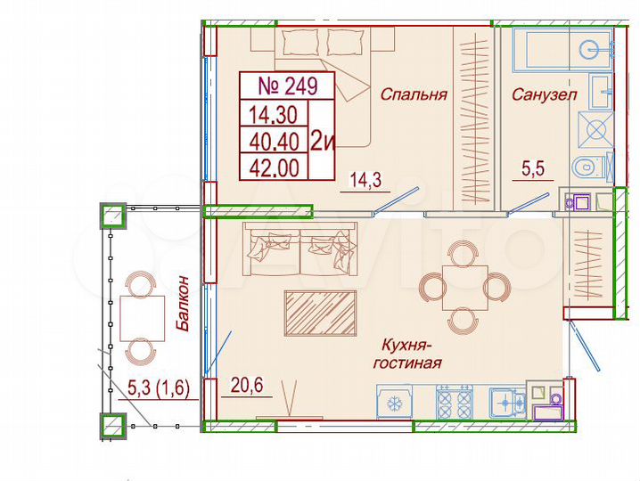 1-к. квартира, 42 м², 4/6 эт.