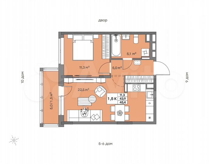 1-к. квартира, 45,4 м², 8/14 эт.