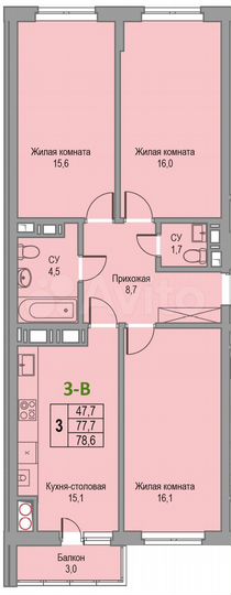 3-к. квартира, 78,6 м², 15/15 эт.