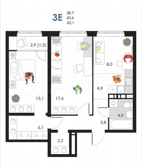 3-к. квартира, 62,1 м², 5/6 эт.