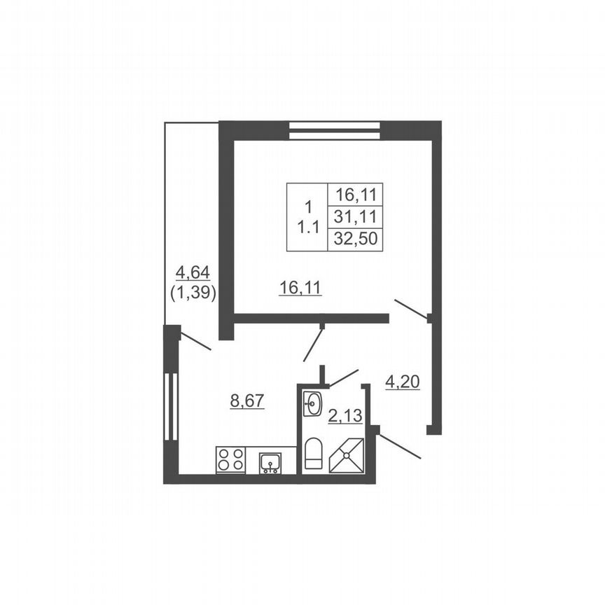 1-к. квартира, 32,5 м², 3/16 эт.