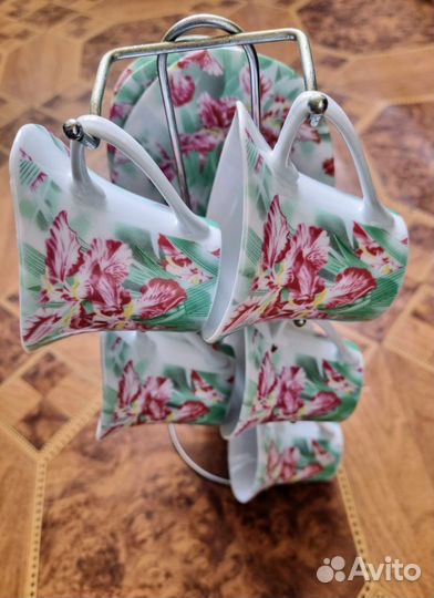 Чайный сервиз на подставке 5 чашечек, 5 тарелочек