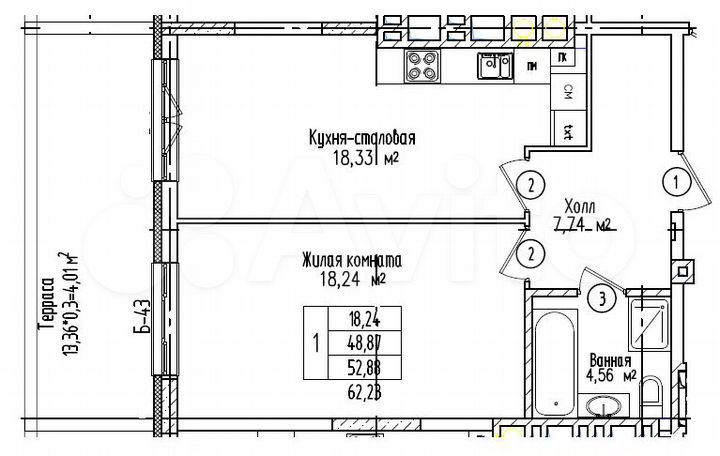 1-к. квартира, 52,9 м², 1/6 эт.