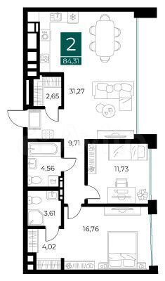 2-к. квартира, 84,3 м², 7/13 эт.