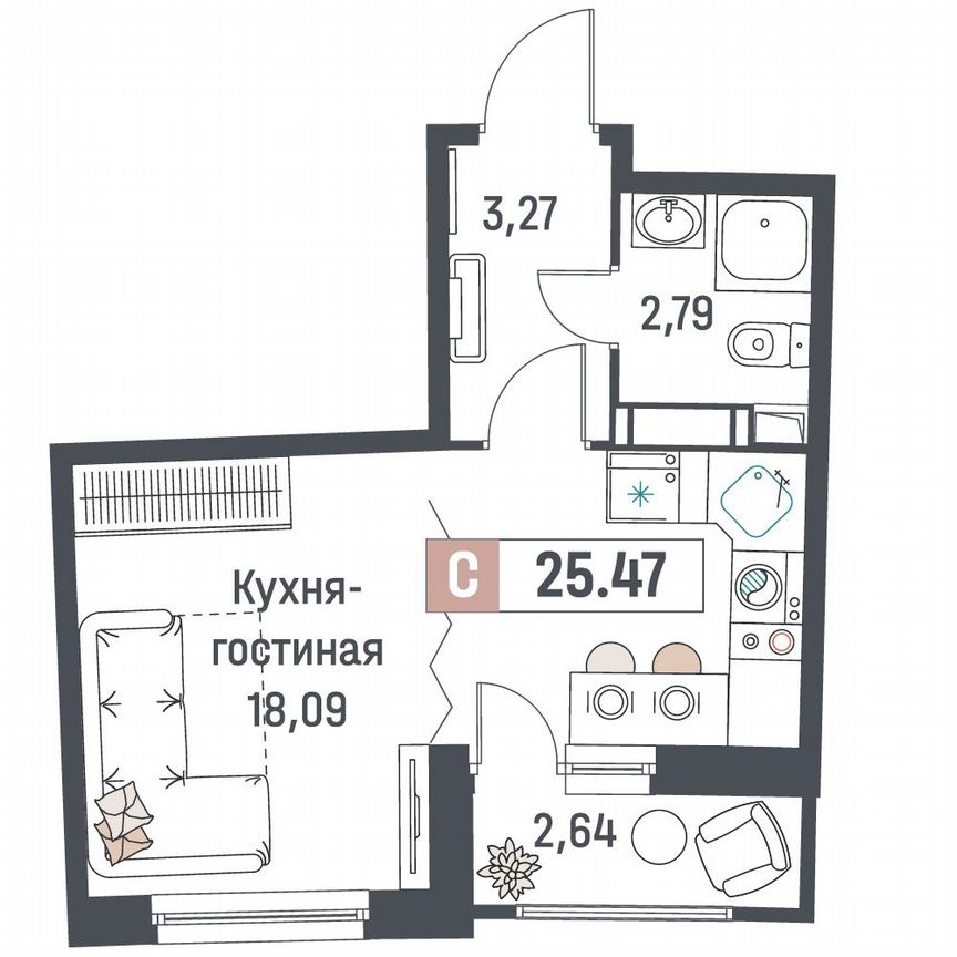 Квартира-студия, 25,5 м², 16/18 эт.