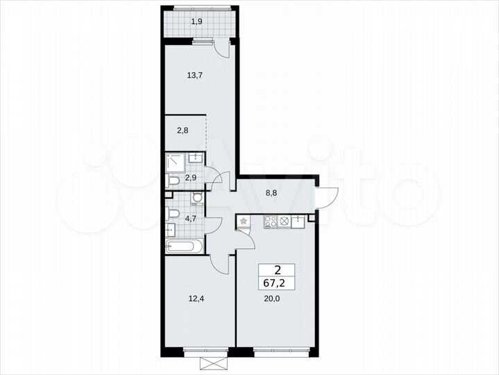 2-к. квартира, 67,2 м², 2/12 эт.