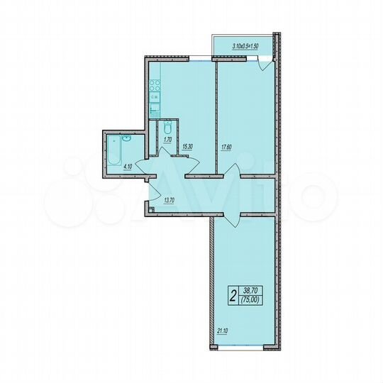 2-к. квартира, 75 м², 3/12 эт.