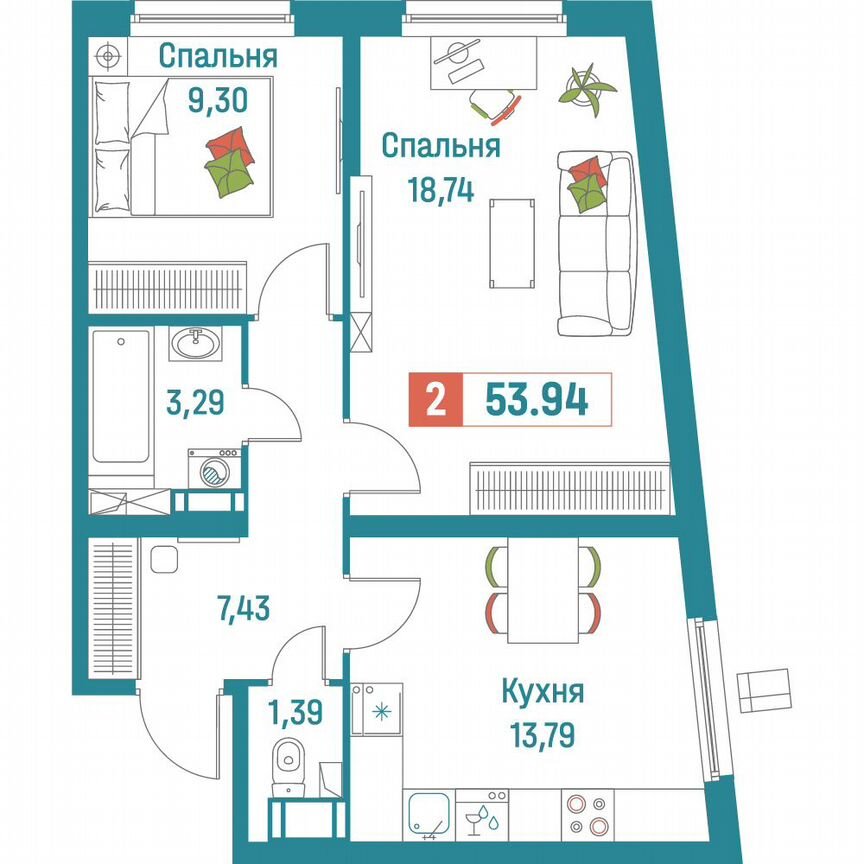 2-к. квартира, 53,9 м², 4/18 эт.