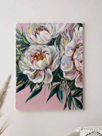 Картина маслом интерьерная пионы букет цветы