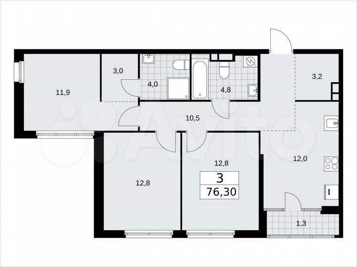 3-к. квартира, 76,3 м², 3/16 эт.