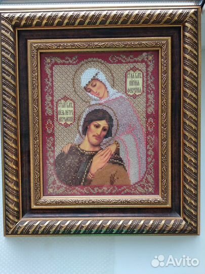Икона Петра и Февронии вышита бисером