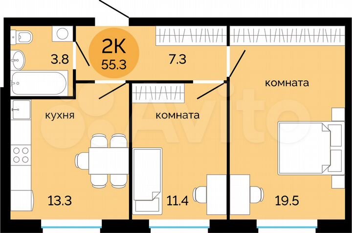 2-к. квартира, 55,3 м², 1/14 эт.