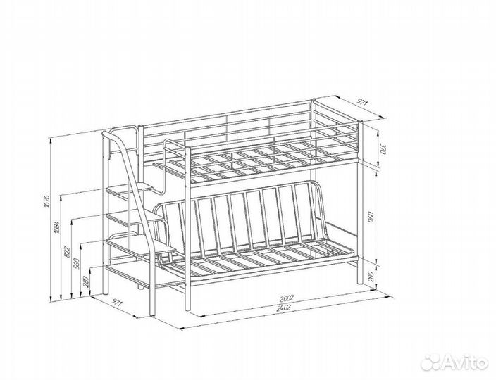 Кровать двухьярусная с диваном (металлическая)