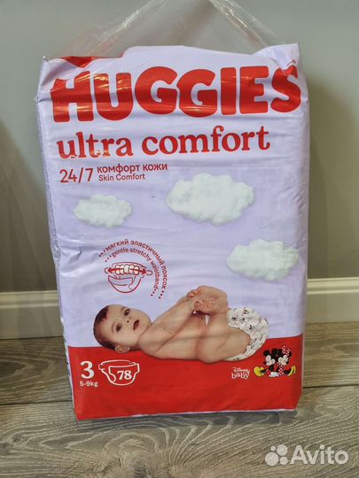 Подгузники huggies 3ка-78шт, 5-9кг+ трусики 28шт