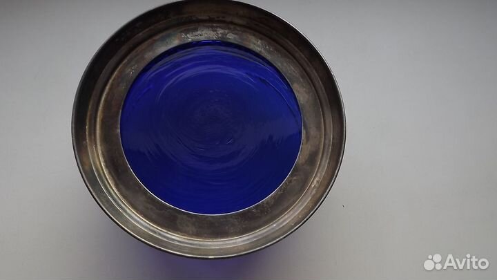 Конфетница мельхиор СССР кобальтовое стекло