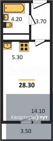 Квартира-студия, 28,3 м², 6/9 эт.