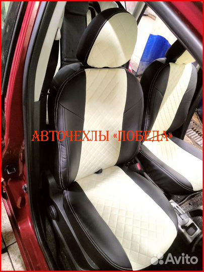 Чехлы Nissan Note из экокожи чёрно-бежевые Ромб