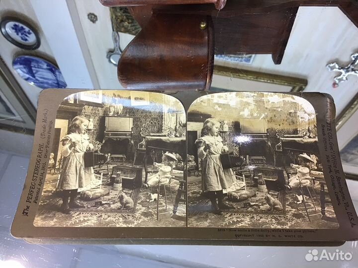 1902 год стереофотография девочка с игрушками