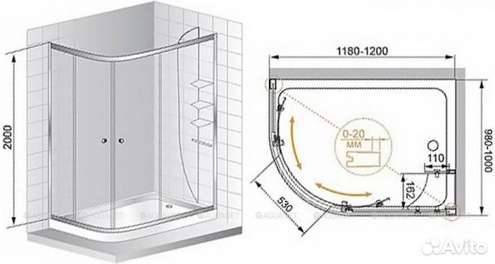 Душ. уголок Cezares 100cm anima-w-rh-2-120/100-c