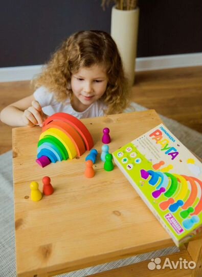 Развивающие игрушки, деревянная пирамидка, радуга