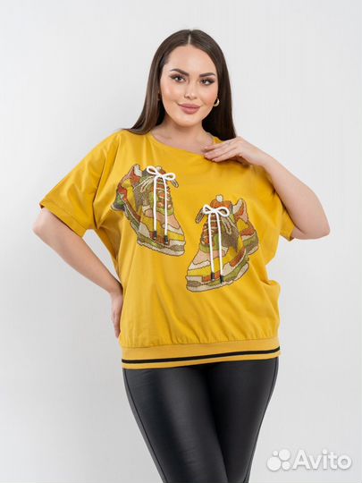 Футболка, принт, стразы, 6 расцветок, 52 до 64