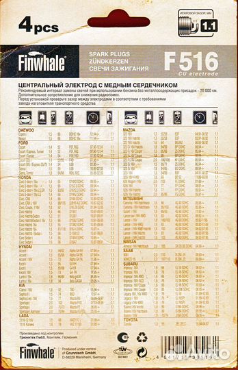 Свечи зажигания Finwhale комплект (4шт.)