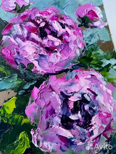 Картина маслом букет с пионами розовые розы