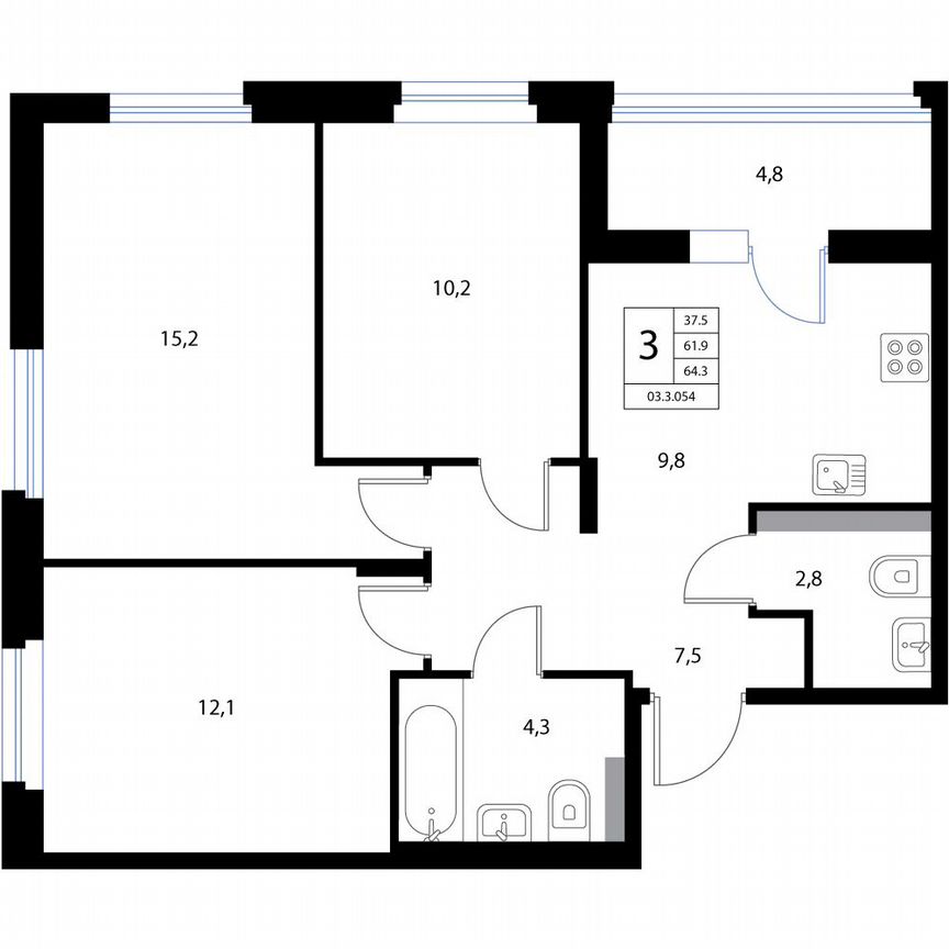 3-к. квартира, 64,3 м², 3/3 эт.