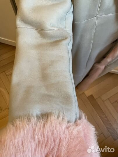 Дубленка голубая с розовым мехом