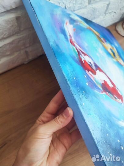 Картина маслом на холсте с карпами Кои 40/40 см