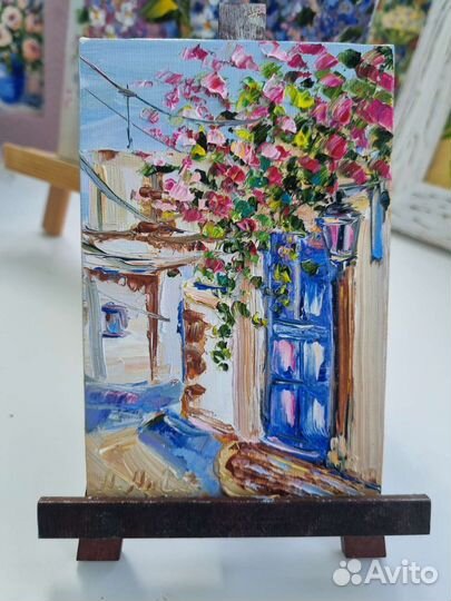 Картина маслом пейзаж Греции Цветы улица 15х10 см