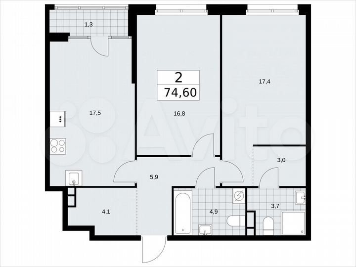 2-к. квартира, 74,6 м², 6/16 эт.