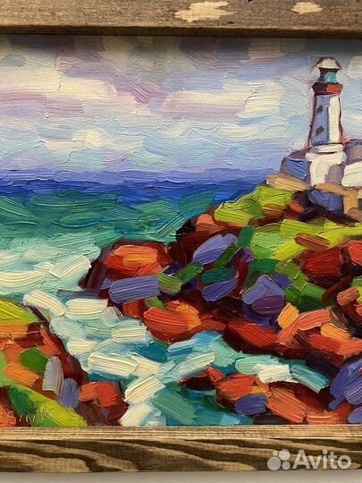 Маяк картина маслом в раме 23х28 см морской пейзаж