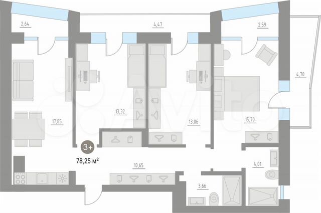 3-к. квартира, 87,9 м², 2/14 эт.