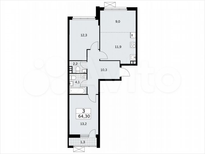 3-к. квартира, 64,3 м², 3/16 эт.