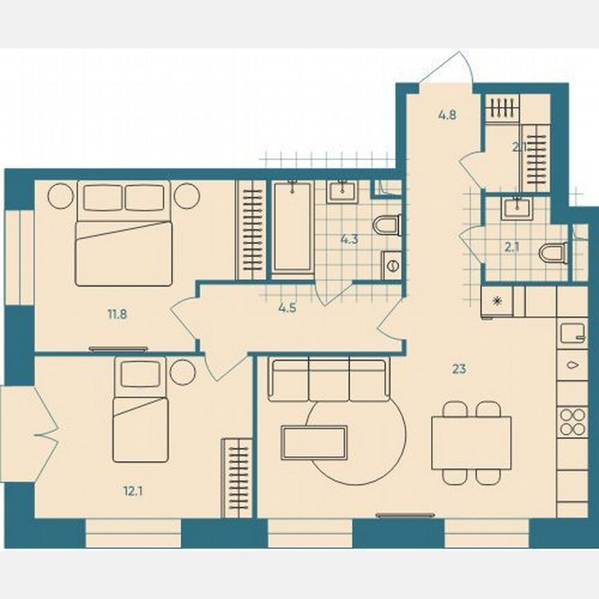 2-к. квартира, 64,7 м², 3/33 эт.
